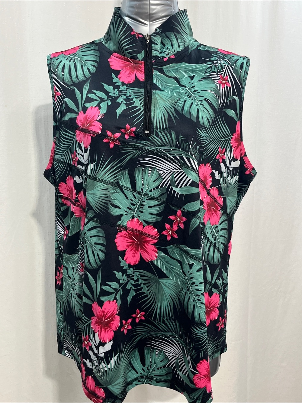 Sleeveless Tropical Hibiscus Mock Neck Top - Black/Pink/Gr cruise vacation 1133